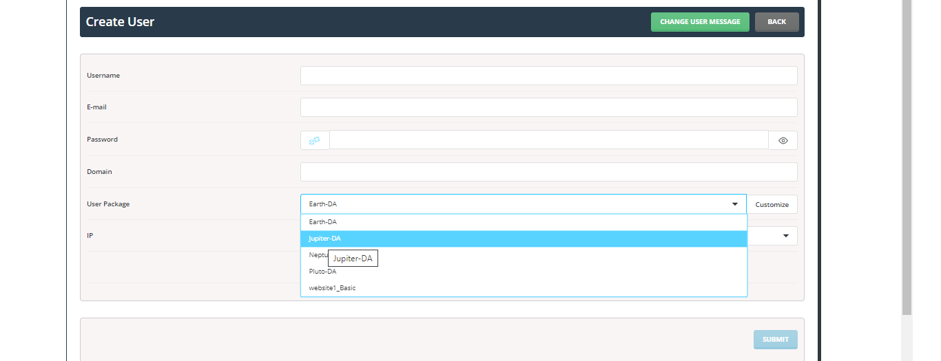 create a user account in Direct Admin control panel